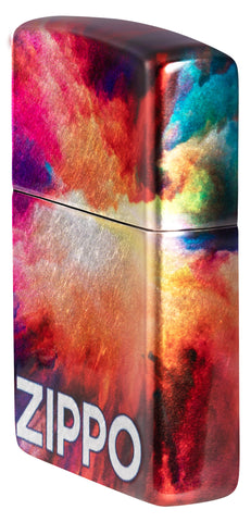 Angled shot of Zippo Tie Dye Design 540 Tumbled Chrome Windproof Lighter showing the front and right side of the lighter.