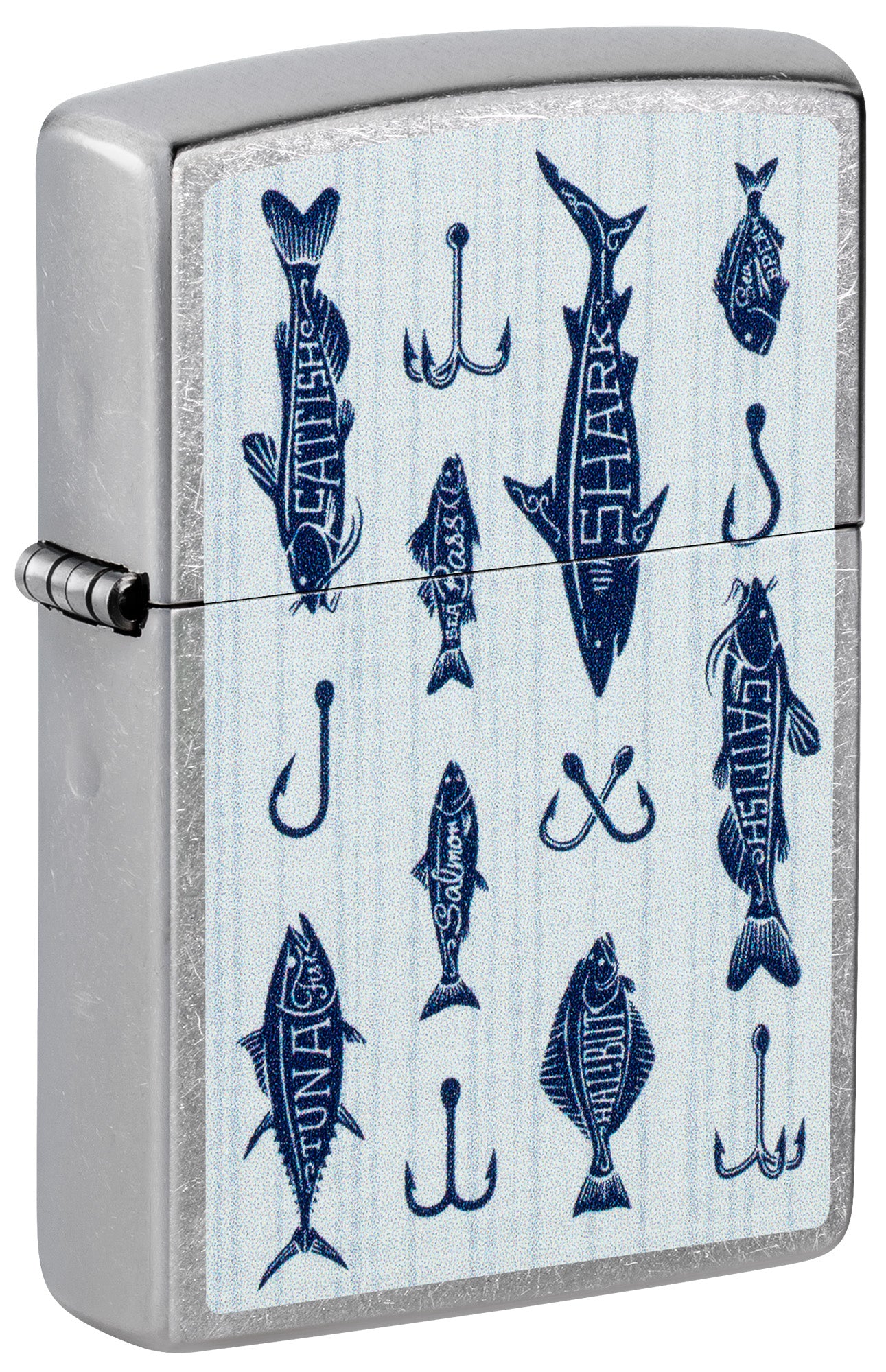 Front shot of Zippo Off the Hook Design Street Chrome Windproof Lighter standing at a 3/4 angle.