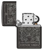 Zippo Wheel of Fortune Design High Polish Black Windproof Lighter with the lid open and unlit.