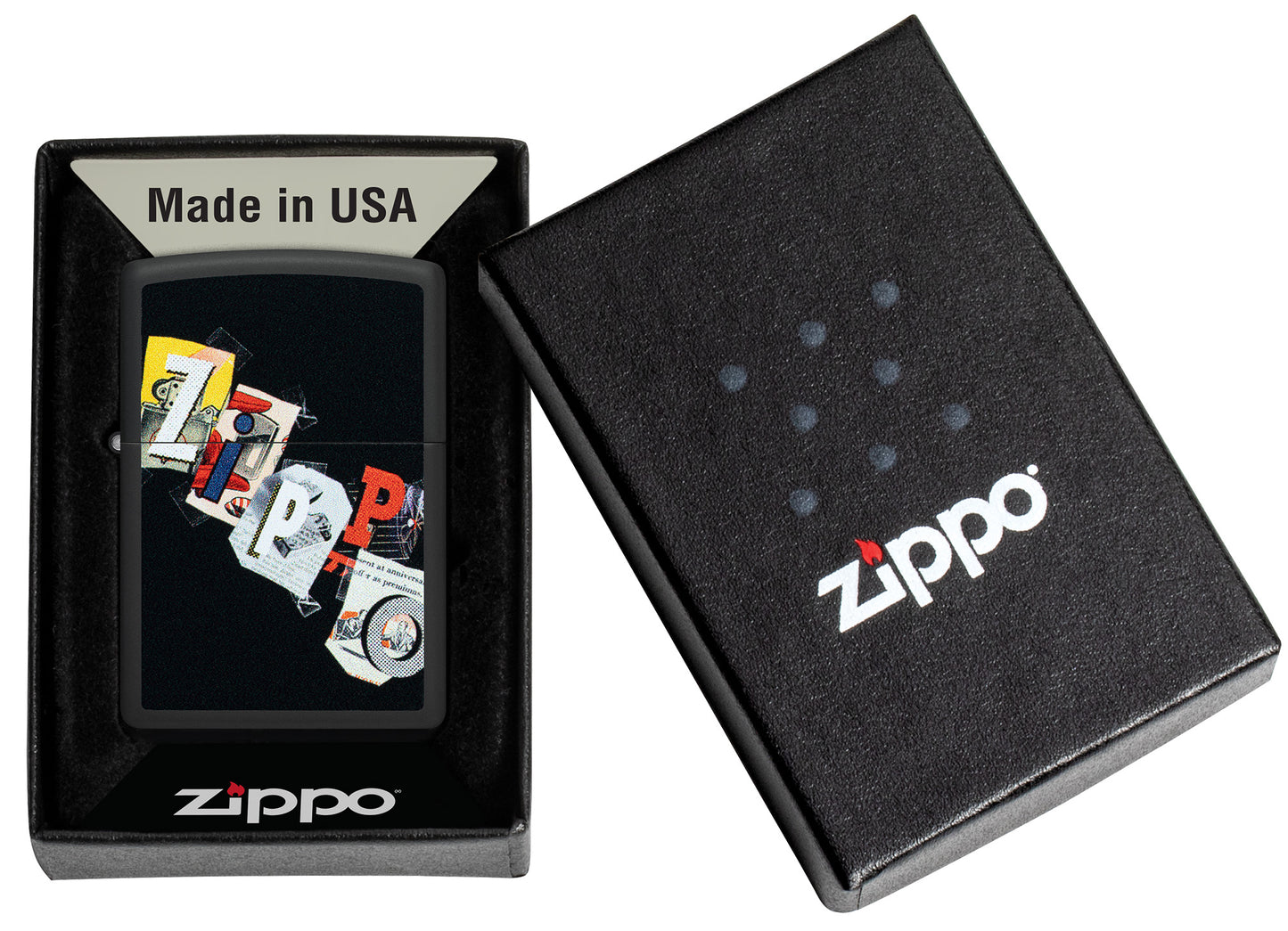 Zippo Cut and Paste Design Black Matte Windproof Lighter in its packaging.