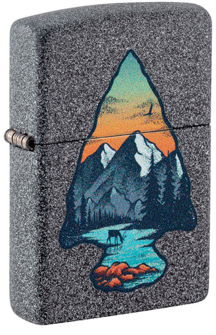Front view of Zippo Mountain Design Iron Stone Windproof Lighter standing at a 3/4 angle.