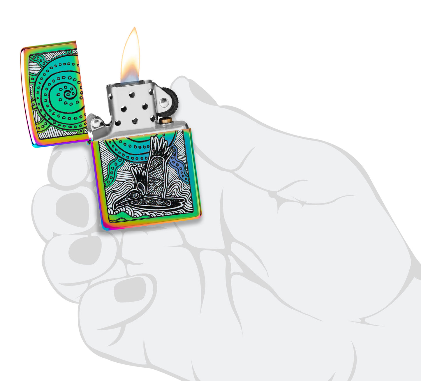 Zippo John Smith Gumbula Multi-Color Windproof Lighter lit in hand.