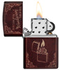 Zippo Storybook 540 Matte Windproof Lighter with its lid open and lit.