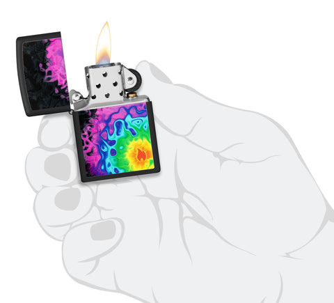Zippo Pattern Design Black Matte Windproof Lighter lit in hand.