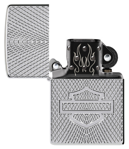 Zippo Harley-Davidson® Armor High Polish Chrome Windproof Lighter with its lid open and unlit.