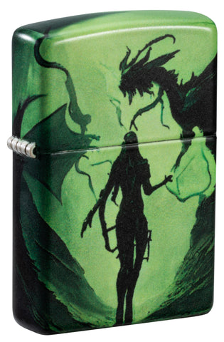 Front shot of Zippo Glowing Dragon Design 540 Color Glow in the Dark Windproof Lighter standing at a 3/4 angle.
