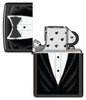 Black Bowtie Windproof Lighter with its lid open and unlit