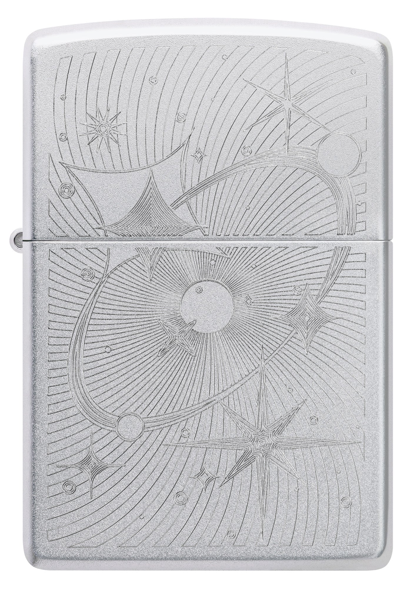 Front view of Zippo Atomic Cosmos Design Satin Chrome Windproof Lighter.