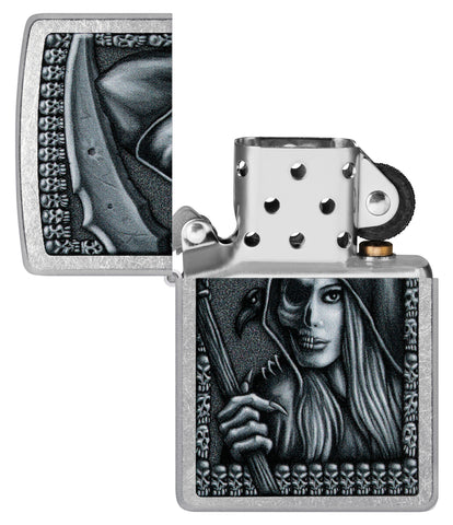 Zippo Grim Beauty Design Street Chrome Windproof Lighter with its lid open and unlit.