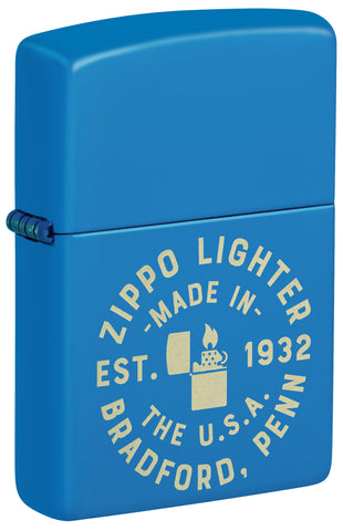 Front shot of Zippo Seal Design Sky Blue Matte Windproof Lighter standing at a 3/4 angle.