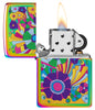 Zippo Vintage Flowers Design Multi-Color Windproof Lighter with its lid open and lit.
