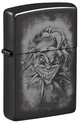 Front view of Zippo Clown High Polish Black Windproof Lighter standing at a 3/4 angle.