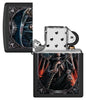 Zippo Anne Stokes Final Verdict Black Matte Windproof Lighter with its lid open and unlit.