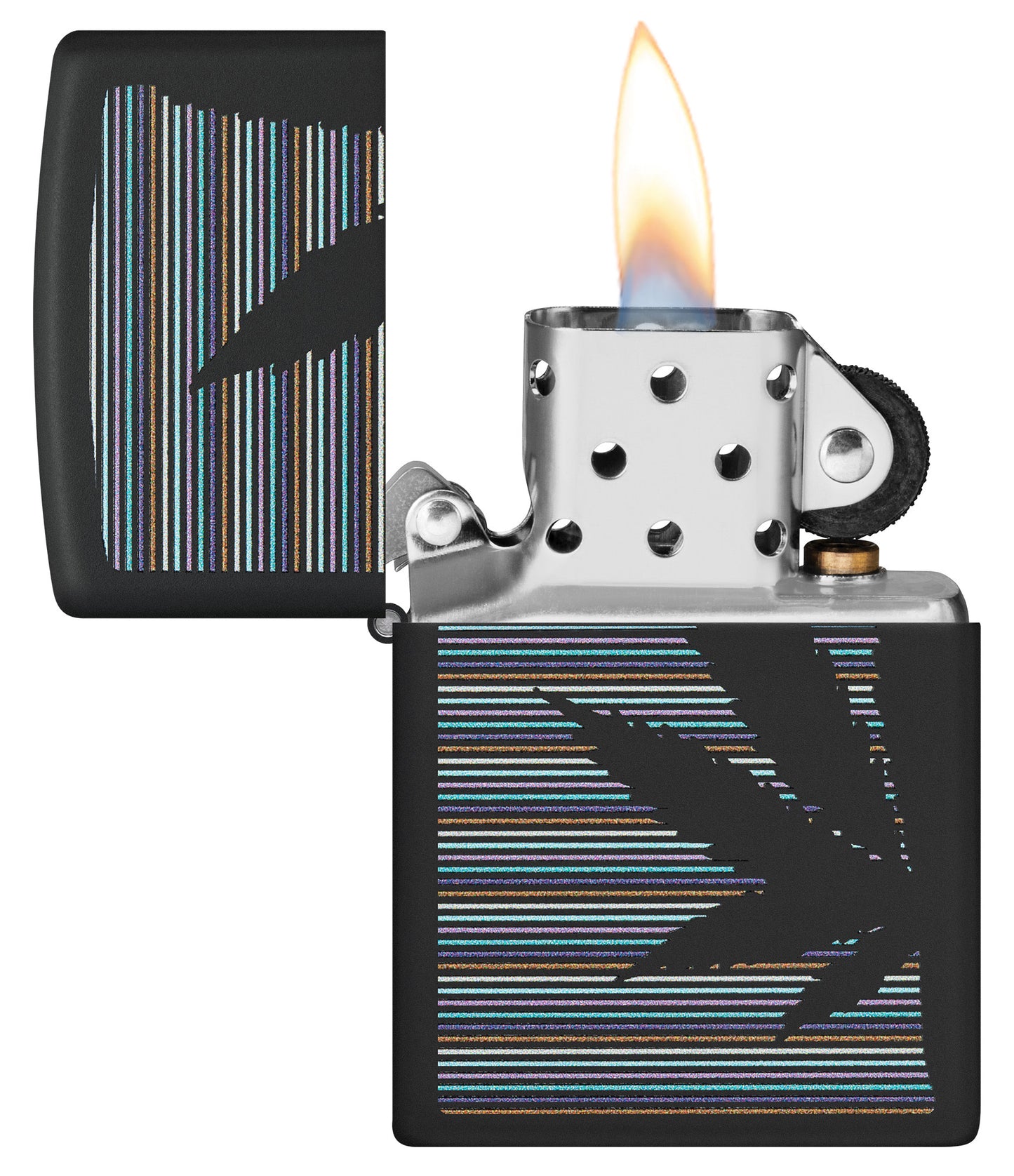Zippo Cannabis Design Black Matte Windproof Lighter with its lid open and lit.