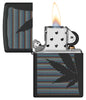 Zippo Cannabis Design Black Matte Windproof Lighter with its lid open and lit.