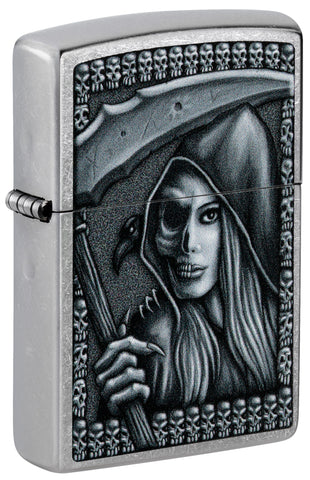 Front shot of Zippo Grim Beauty Design Street Chrome Windproof Lighter standing at a 3/4 angle.