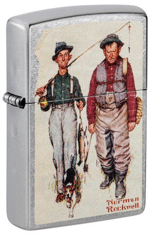 Front view of Zippo Norman Rockwell Fishing Street Chrome Windproof Lighter standing at a 3/4 angle.