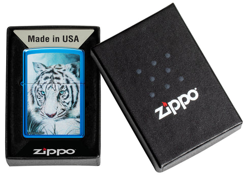 Zippo Carol Cavalaris High Polish Blue Windproof Lighter in its packaging.