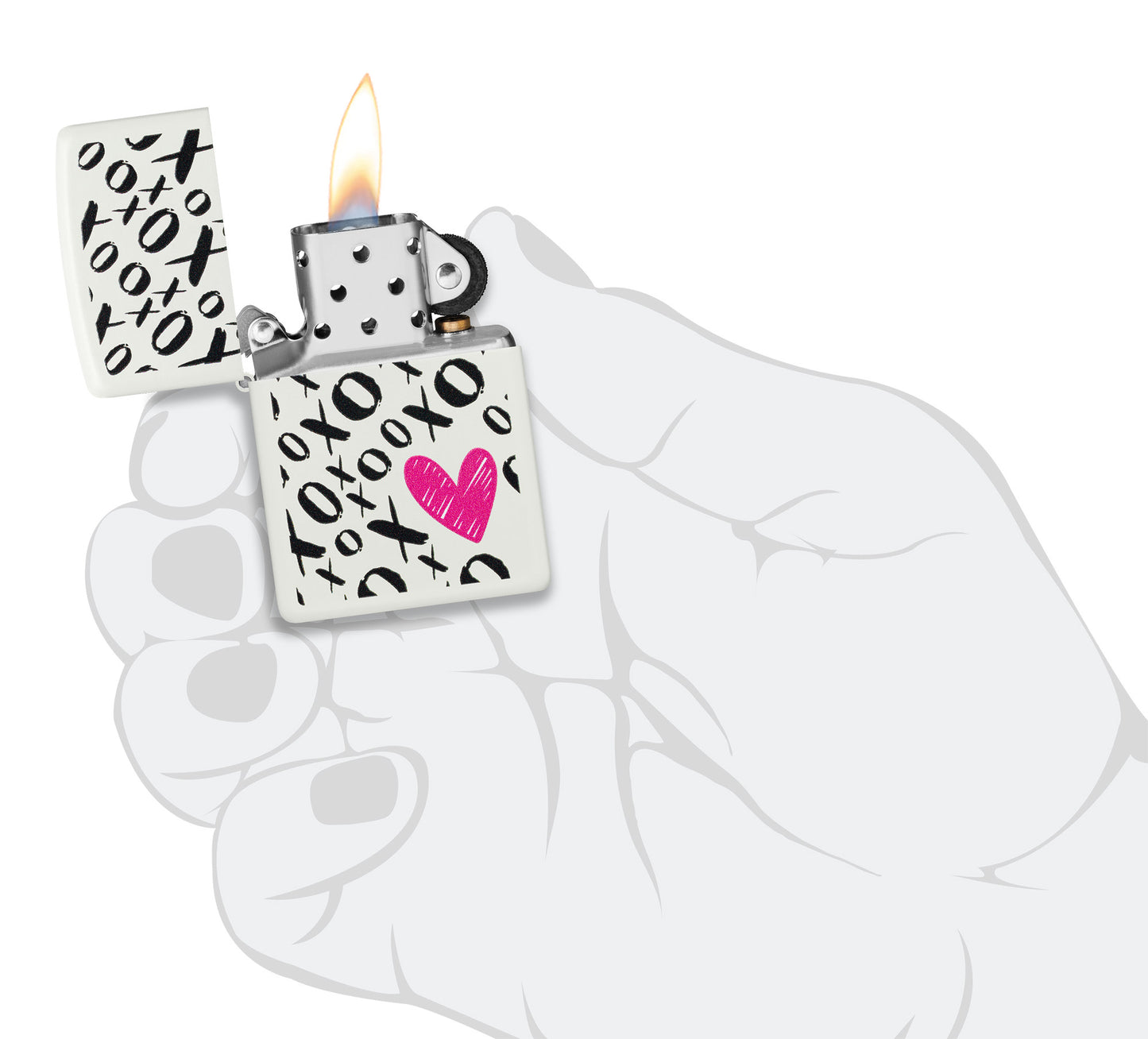 Zippo Hugs and Kisses Design White Matte Windproof Lighter lit in hand.