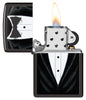 Black Bowtie Windproof Lighter with its lid open and lit