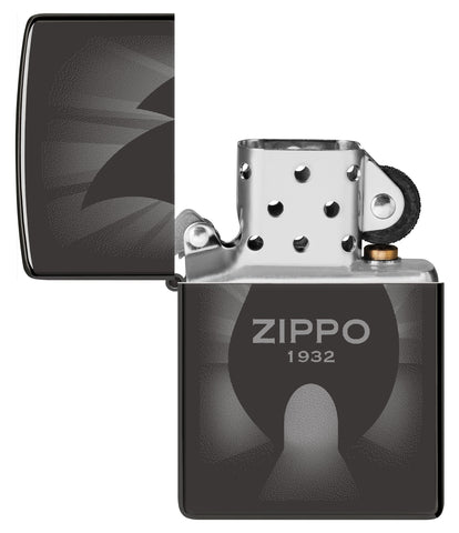 Zippo Radiant Zippo Design High Polish Black Windproof Lighter with its lid open and unlit.