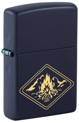 Front shot of Zippo Campfire Design Navy Matte Windproof Lighter standing at a 3/4 angle.