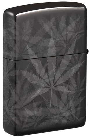 Back view of Zippo Cannabis Design High Polish Black Windproof Lighter standing at a 3/4 angle.