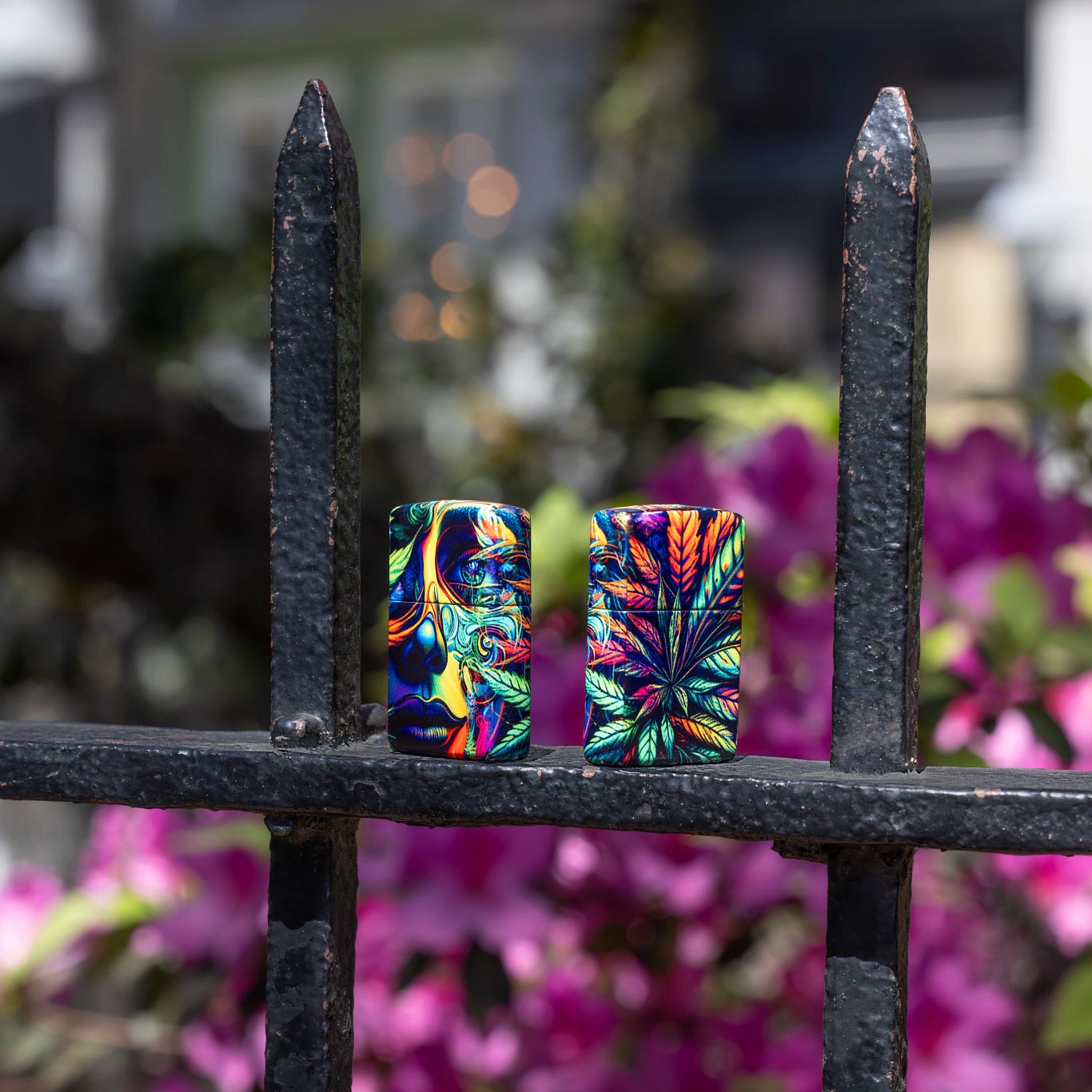 Lifestyle image of two Zippo Cannabis Camo Design 540 Matte Windproof Lighters, one showing the front and right side of the lighter and the other showing the back and rightt side of the lighter, both standing on an iron fence.