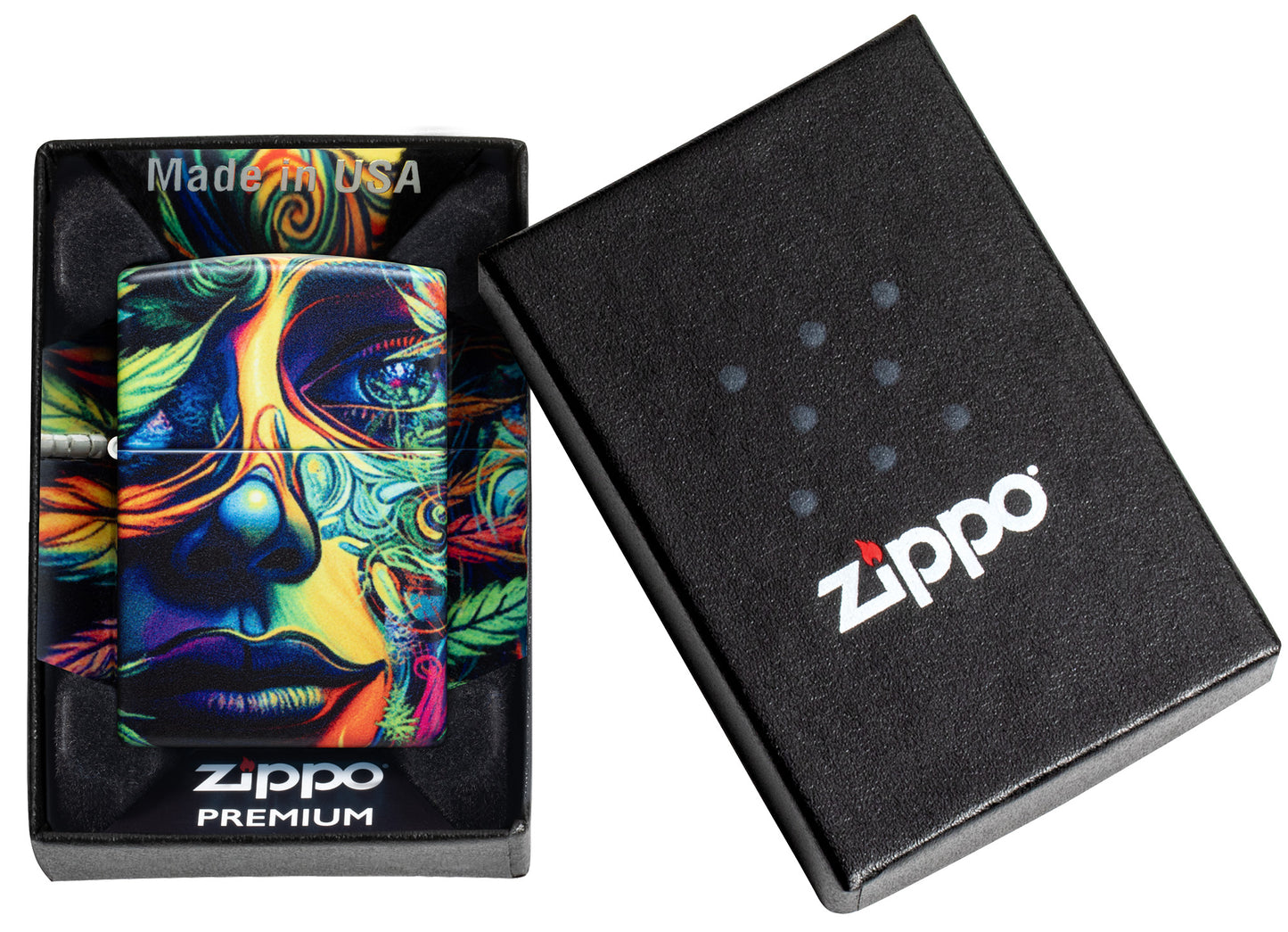 Zippo Cannabis Camo Design 540 Matte Windproof Lighter in its packaging.
