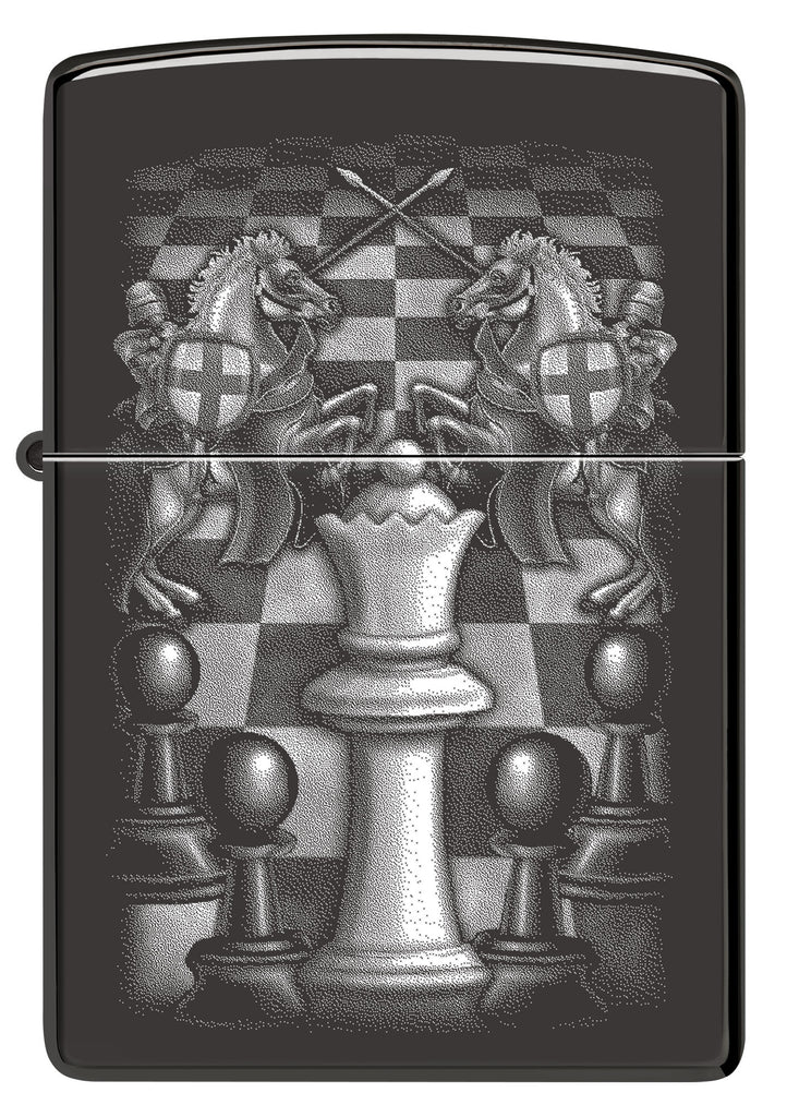 Front view of Zippo Chess Design High Polish Black Windproof Lighter.