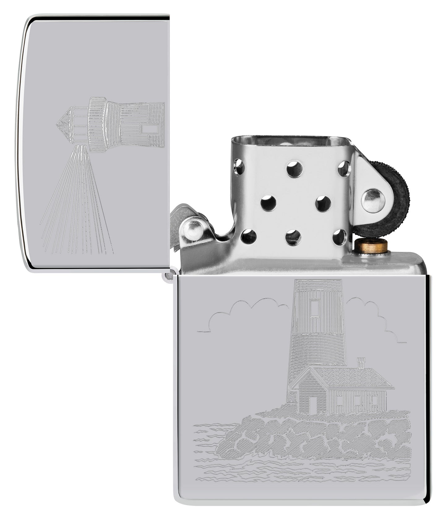 Zippo Lighthouse Design Highpolish Chrome Windproof Lighter with its lid open and unlit.
