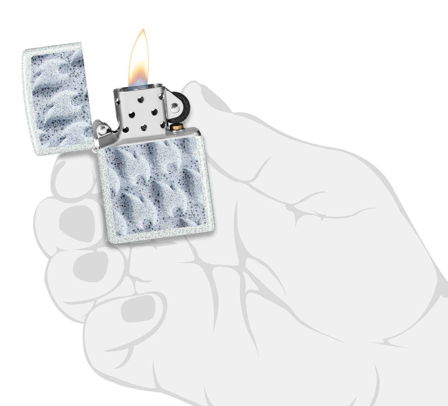 Zippo Frozen Flames Design Glacier Windproof Lighter lit in hand.