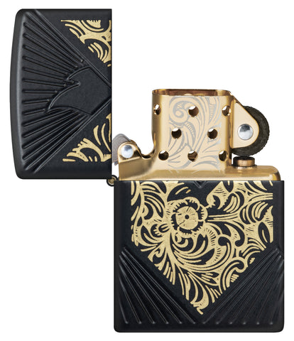 Zippo 2024 Collectible of the Year Windproof Lighter with its lid open and unlit.