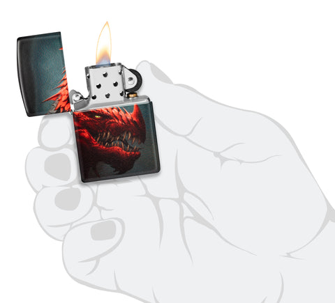 Zippo Dragon Design 540 White Matte Windproof Lighter lit in hand.