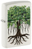 Front shot of Zippo Tree Life Design White Matte Windproof Lighter standing at a 3/4 angle.
