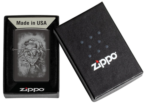 Zippo Clown High Polish Black Windproof Lighter in its packaging.