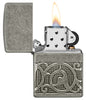 Zippo Pattern Armor Antique Silver Windproof Lighter with its lid open and lit.