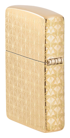 Angled shot of Zippo Enjoy Responsibly Design High Polish Brass Windproof Lighter showing the back and hinge side of the lighter.