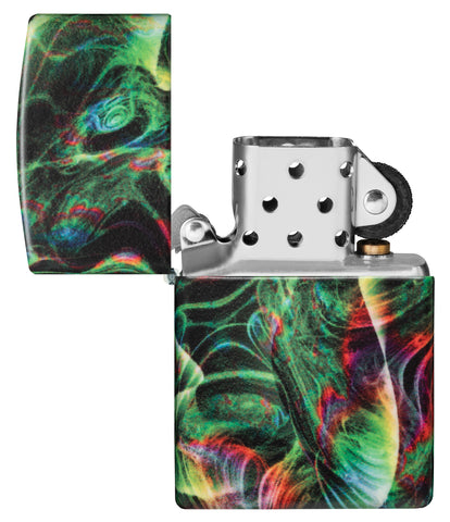 Zippo Psychedelic Swirl Design Glow in the Dark Green Matte Windproof Lighter with its lid open and unlit.