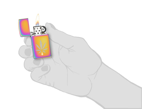 Zippo Cannabis Leaf Design Slim Multi Color Windproof Lighter lit in hand.