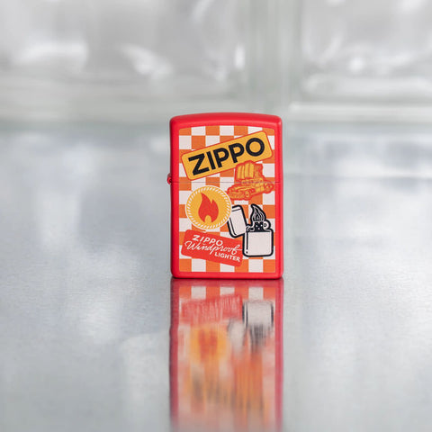 Lifestyle image of Zippo Retro Design Red Matte Windproof Lighter on a reflective glass block background.