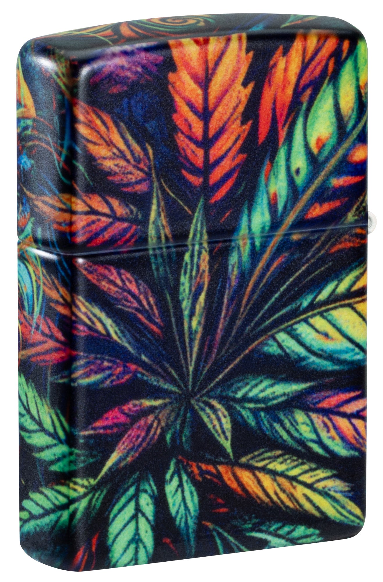 Back shot of Zippo Cannabis Camo Design 540 Matte Windproof Lighter standing at a 3/4 angle.