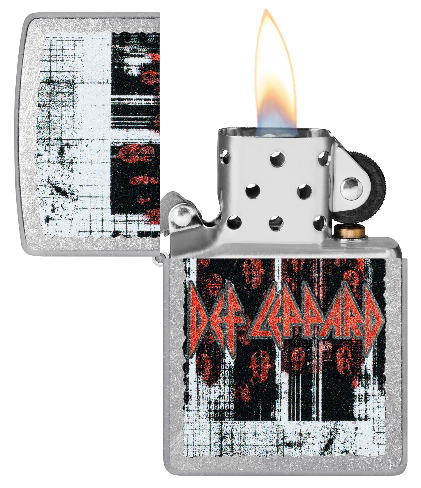 Zippo Def Leppard Logo Design Street Chrome Windproof Lighter with its lid open and lit.