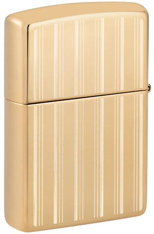 Back view of Zippo Design High Polish Brass Windproof Lighter standing at a 3/4 angle.