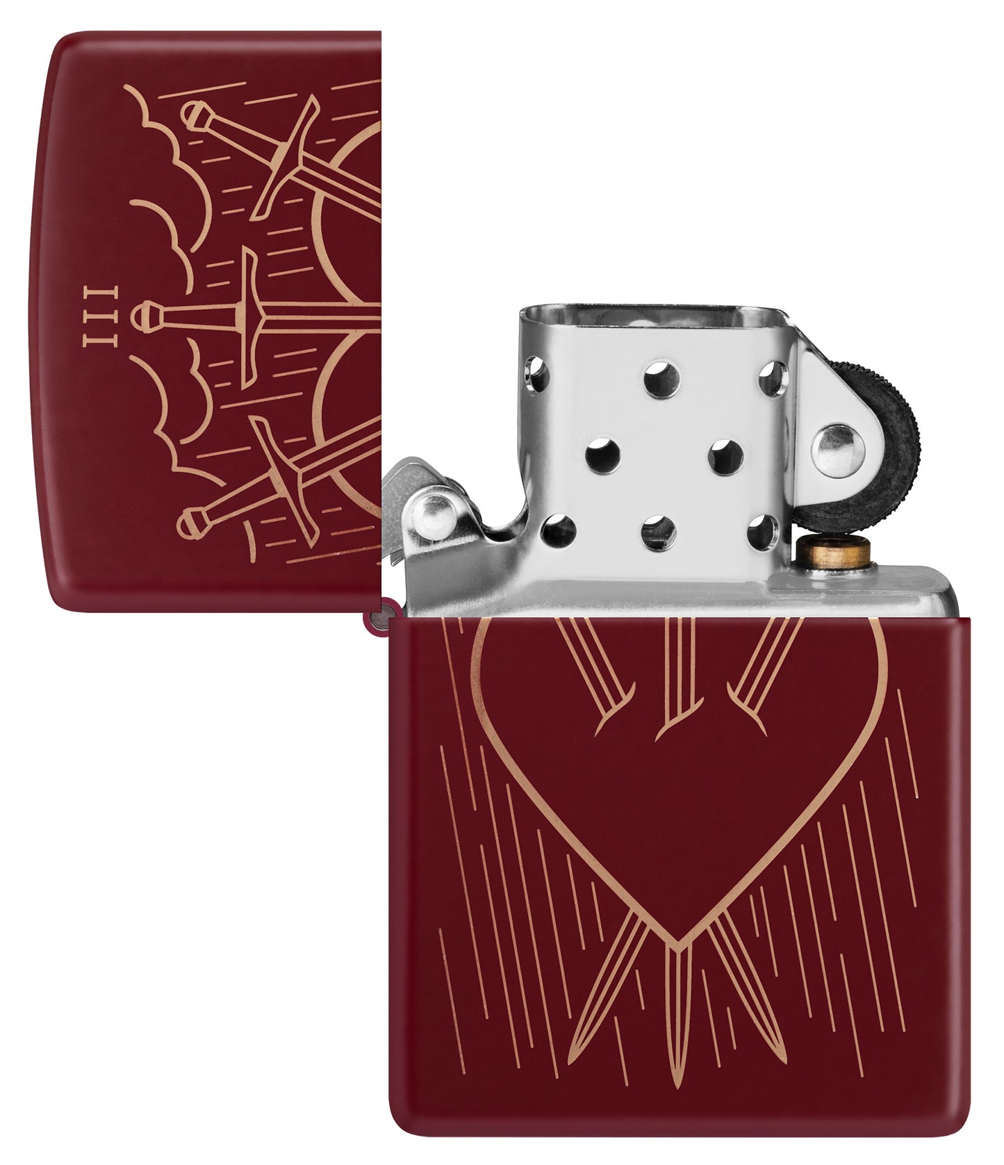 Zippo Three of Swords Design Merlot Windproof Lighter with its lid open and unlit.