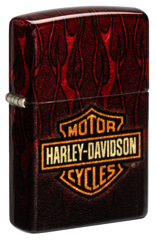 Front view of Zippo Harley-Davidson® 540 Tumbled Brass Windproof Lighter standing at a 3/4 angle.