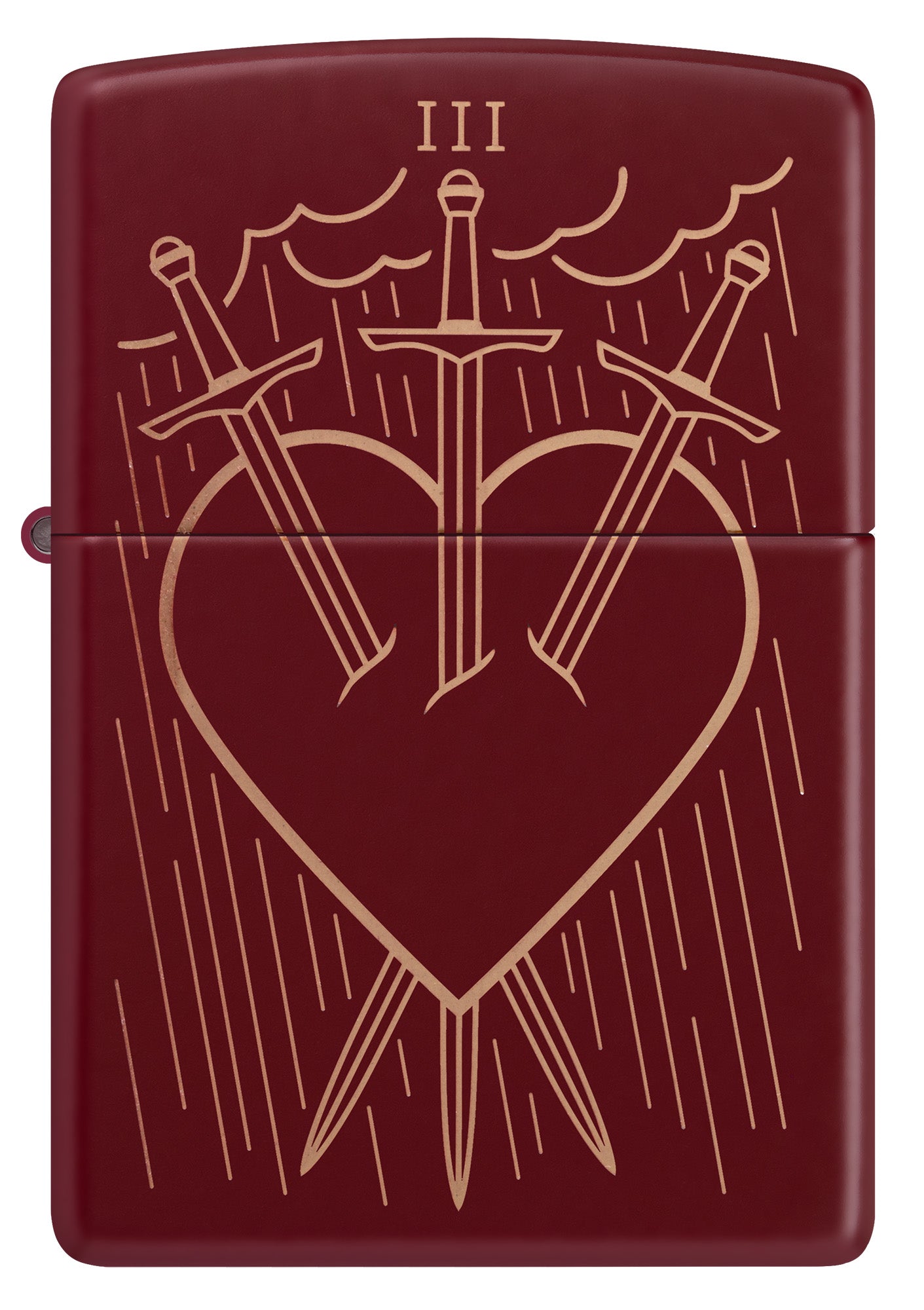 Front view of Zippo Three of Swords Design Merlot Windproof Lighter.