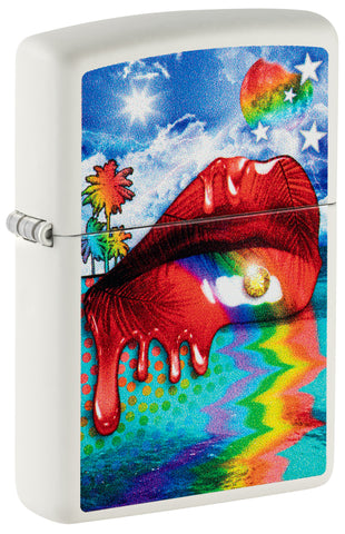 Front shot of Zippo Gleaming Lips Design White Matte Windproof Lighter standing at a 3/4 angle.