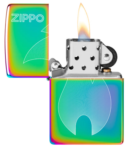 Zippo Flame Multi-Color Windproof Lighter with its lid open and lit.