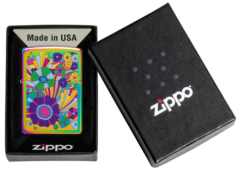 Zippo Vintage Flowers Design Multi-Color Windproof Lighter in its packaging.